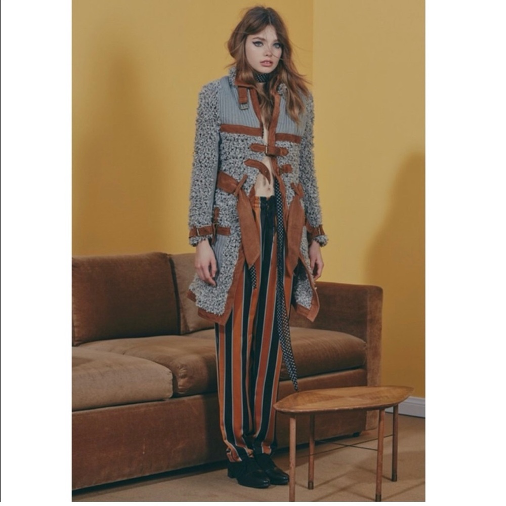 For Love and Lemons Knitz Elodi Long Moto Cardigan, Grey & Brown, Size S Small